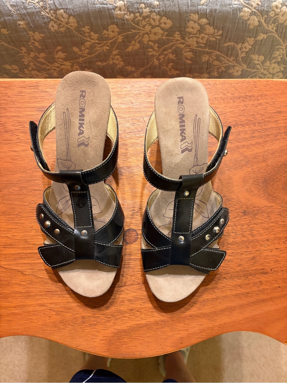 Romika Black Leather Studded T-Strap Wedge Mules